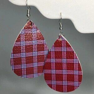 Maroon / Burgundy Plaid Leather Teardrop Earrings